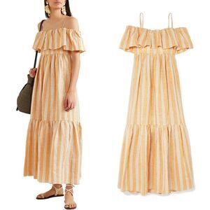 THREE GRACES LONDON Ida cold-shoulder metallic striped linen-blend maxi dress